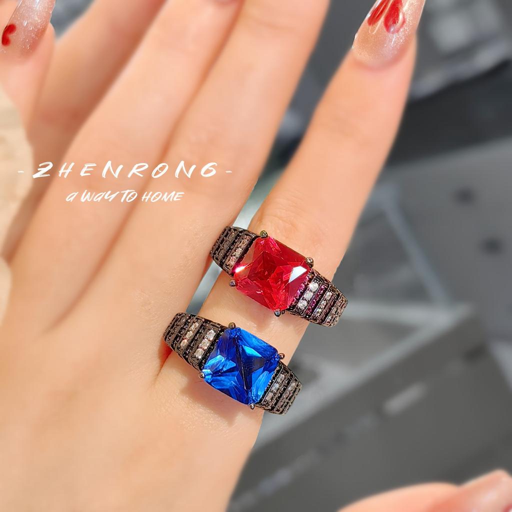 Premium Cold Wind Plated Black Gold Colored Treasure Red Corundum Ring Retro Luxury Angel Wings Blue Pointed Crystal Women'S Ring