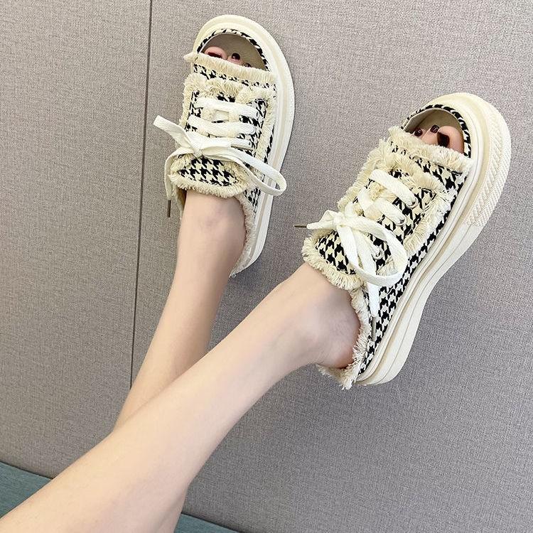 Женские парусиновые тапочки на плоской подошве 2024 года, новые женские повседневные туфли на шнуровке, женские модные тапочки на платформе, женские джинсовые пляжные сандалии с открытым носком