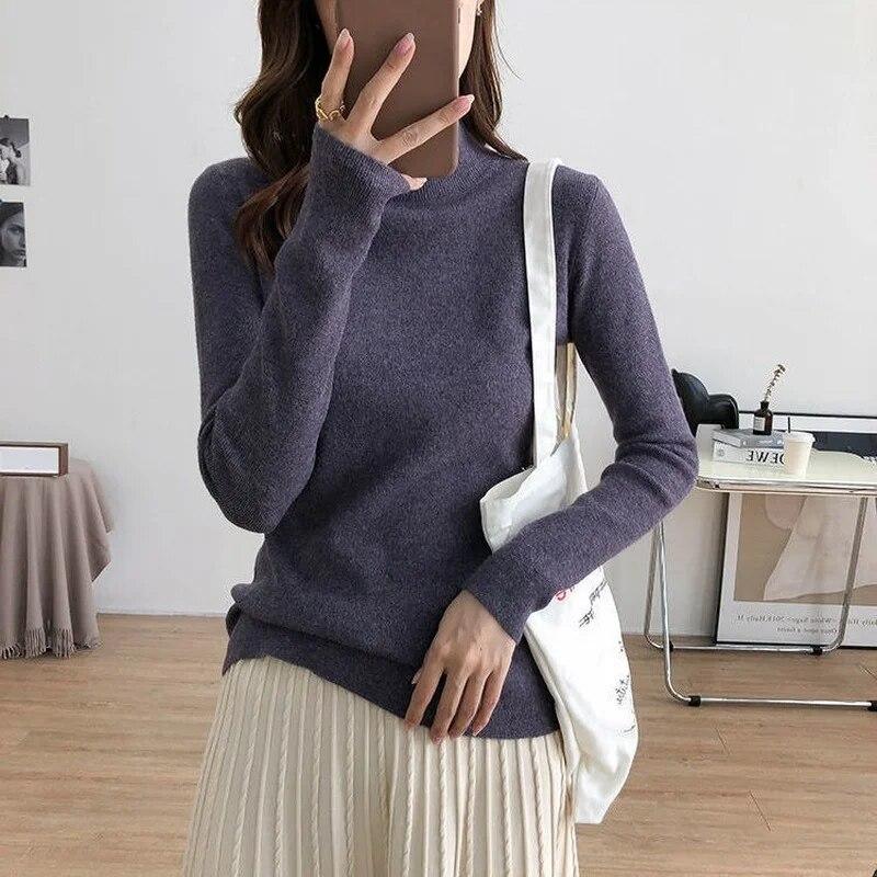 Sweaters Pullover Knitwear Women Autumn/Winter Solid Half High Collar Long Sleeve Versatile Sweater Pullover Female Top
