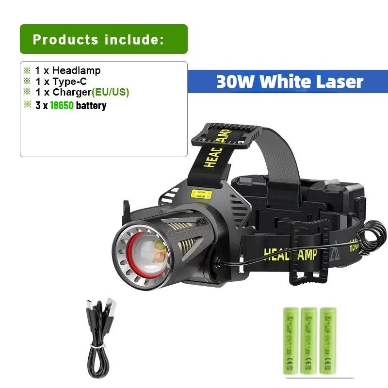30 Вт Мощный XHP360LED Налобный фонарь Перезаряжаемый Налобный фонарь Уличный Водонепроницаемый Светодиодный ИК-датчик Кемпинг Охота Налобный фонарь Рабочий свет