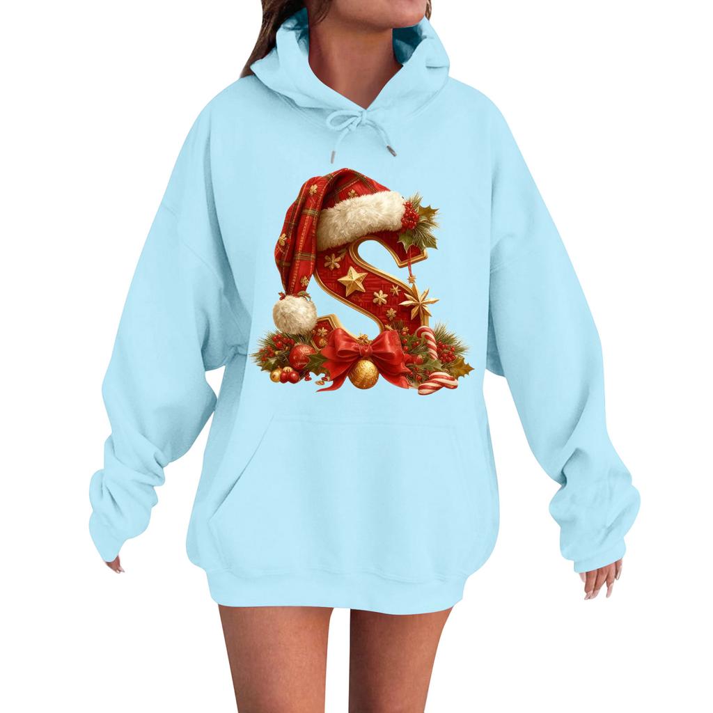 Women's Casual Comfortable Long-Sleeved Christmas Letter-Printed Warm Hooded Crew-Neck Sweatshirt