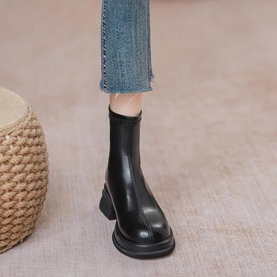 Коричневые облегающие ботинки Женские Весна и Осень 2025 Новые Универсальные Ботинки Мартин Британский Стиль Эластичные Ботинки Одинарные Ботинки Платформа Короткие Ботинки