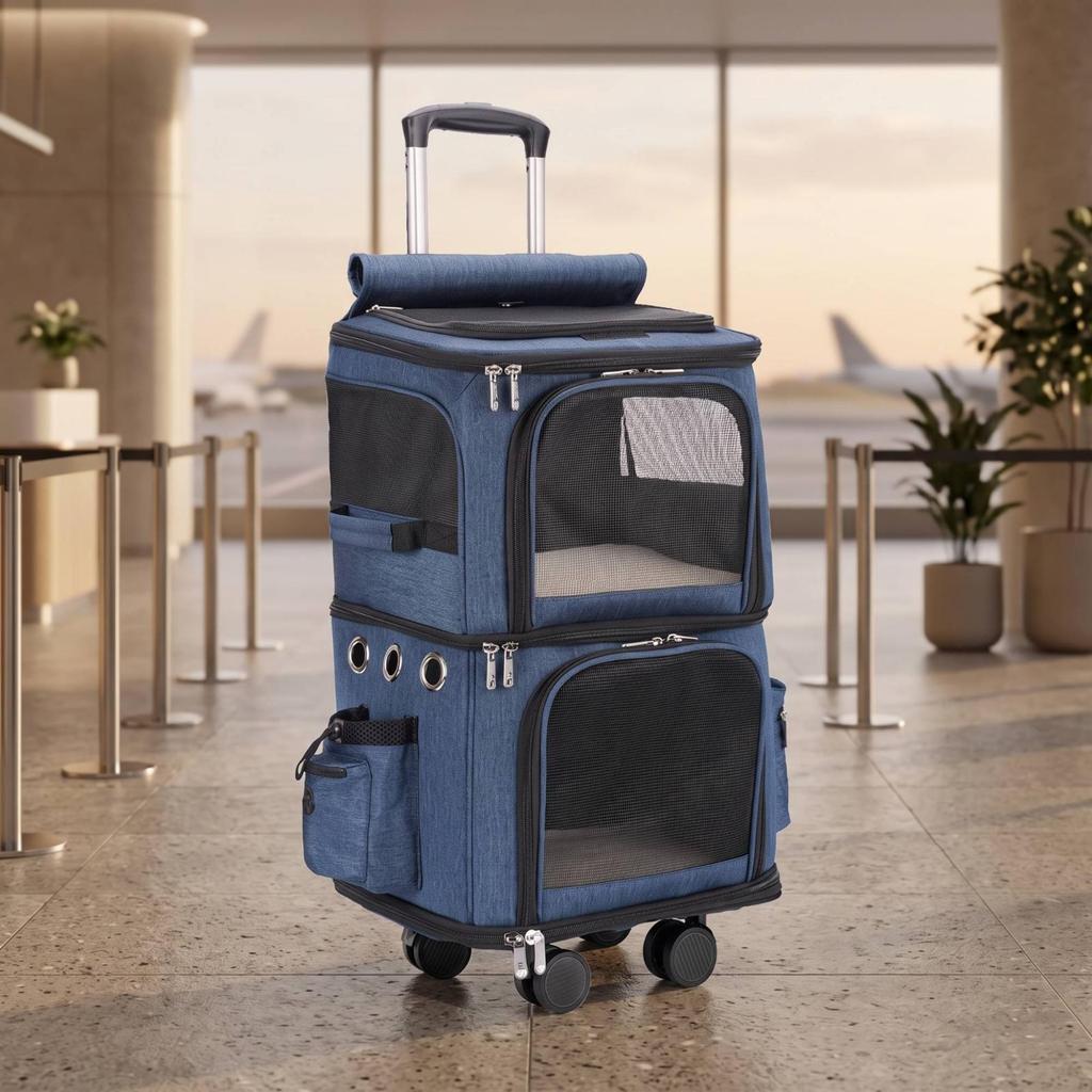 Dual-Level Pet Carrier Ventilated Rolling Spacious for Road Trips