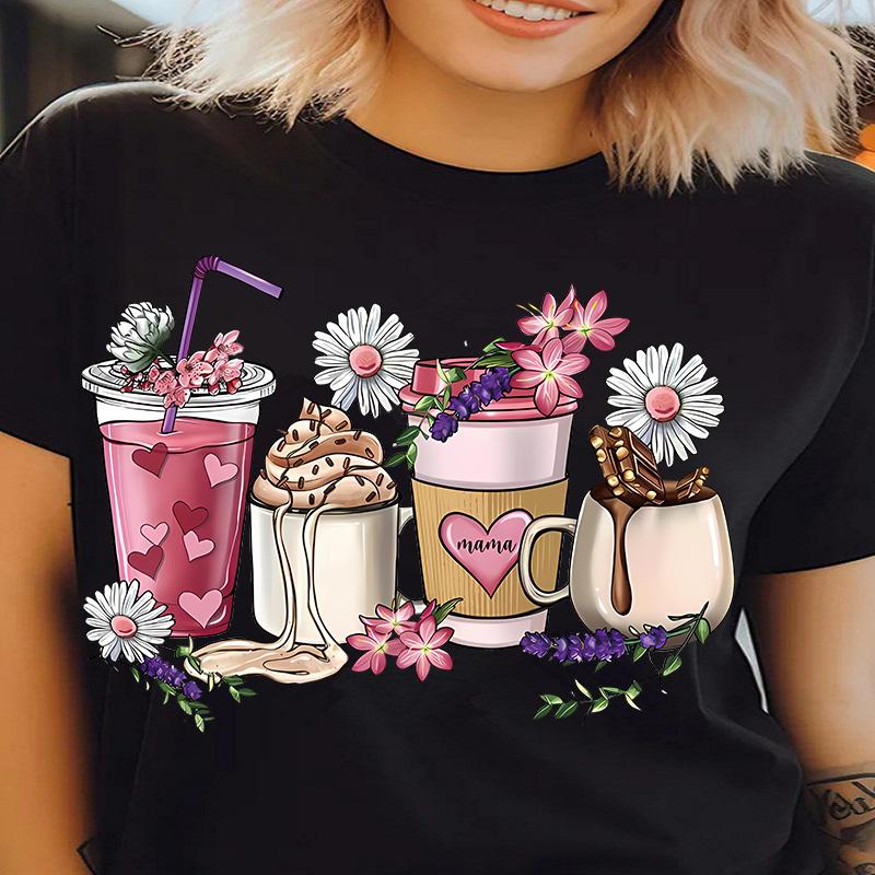COTTON 100% Women's Milk Tea Cup Print round Neck Short-Sleeved T-shirt European And United States Style Casual Top Clothing
