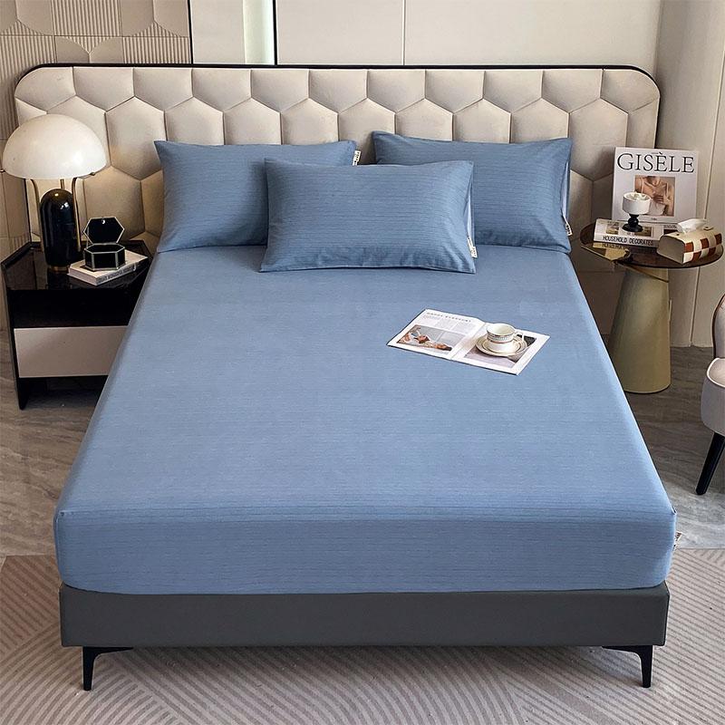 Комплект постельного белья из 3 предметов, простой, синий, в полоску, мягкий, приятный для кожи, утолщенный, 100% хлопок, эластичный, размер Queen Size