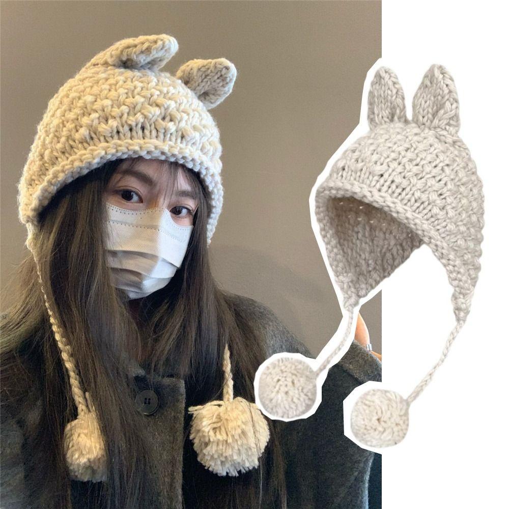 Корейская вязаная шапка Y2k, новый дизайн, защитная шапка для ушей, зимняя вязаная шапка с кроличьими ушками для женщин