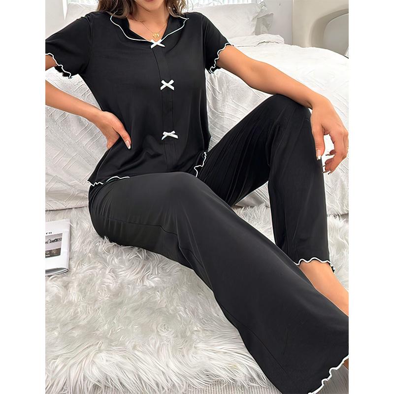 Spring Summer Pajamas Set for Women Black Floral Print Short Sleeve Tops and Long Pants Sleepwear Casual Loose Soft Pyjamas Homewear