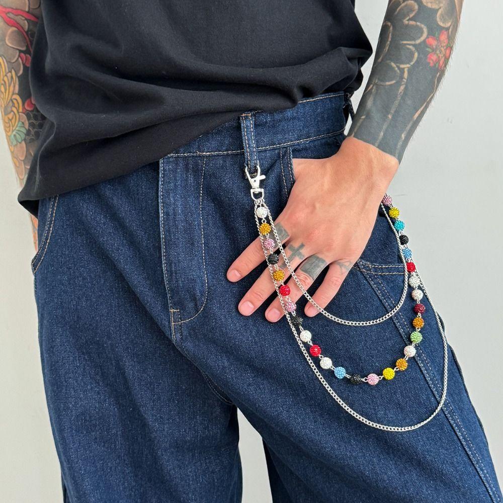 Gothic Colorful Rhinestone Bead Waist Chain Jeans Chain Pants Chain Goth Punk Belt Chain Female