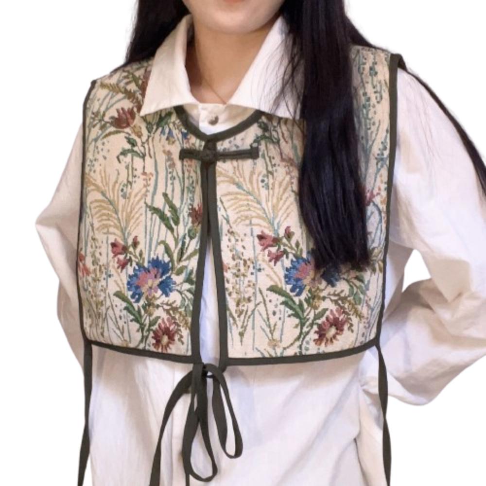 Кейп-накидка с цветочным принтом, с ложным воротником, со шнуровкой на талии, женский вышитый жилет для девочек