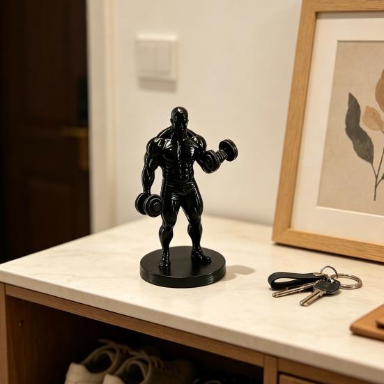 3D-печатное украшение тяжелоатлета, Черная статуэтка мускулистого мужчины, с гантелями, Настольная скульптура для спортзала, Подарок для людей, любящих фитнес