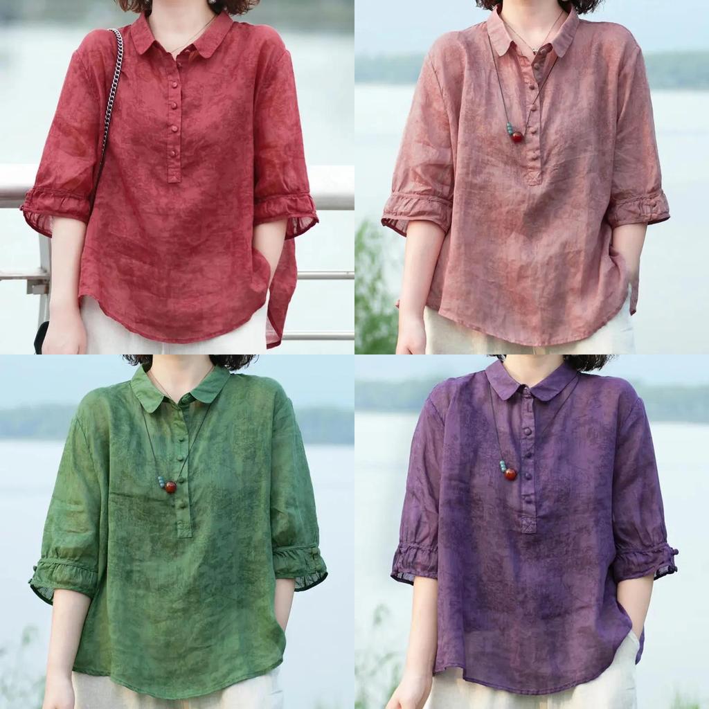 Vintage Floral Print Polo Neck Shirt For Women Summer Casual Loose Fit Blouse