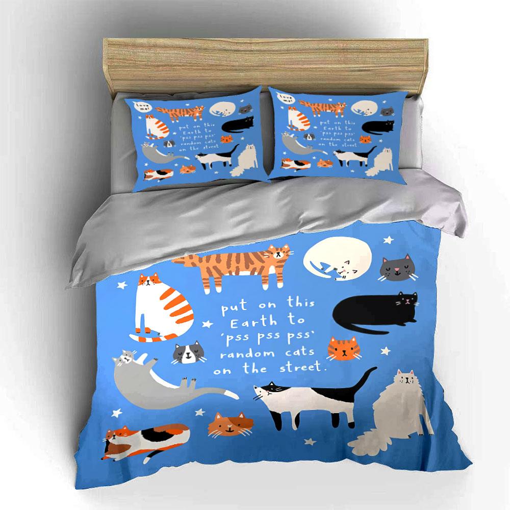 Cats and Stars Blue Print Bedding Duvet Cover Set Duvet Cover Pillowcases (1*Duvet Cover 2*Pillowcases, without duvet insert)