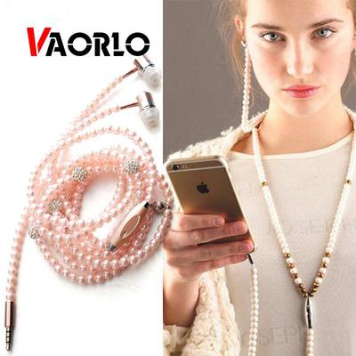 VAORLO Жемчужное ожерелье, наушники-вкладыши, розовое ожерелье со стразами, ювелирные изделия, бусины, наушники с микрофоном для Samsung Xiaomi, подарки для девочек