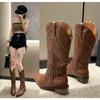 Fashion Comemore Retro Rivet Long Boots Women Low Heel Cowboy Western Pu Leather Knee High Gothic New Ladies Shoes Vintage Brown Botas
