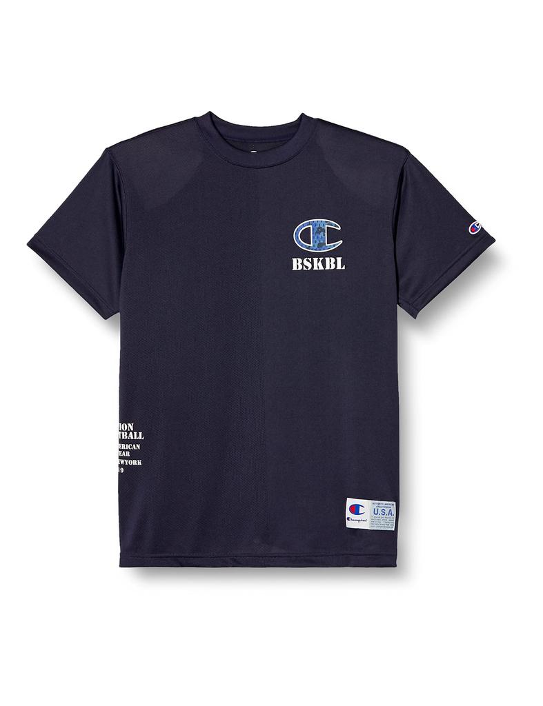 Champion Short Sleeve Basketball Size with a Logo Men's T-Shirt, Navy, L, C3-XB340, Quick-Drying, Antibacterial, Odor-Resistant, One-Point