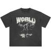 Streetwear World Letters Graphic Washed Black T-Shirt Cotton Unisex Tops Tees Summer Short Sleeves T Shirt