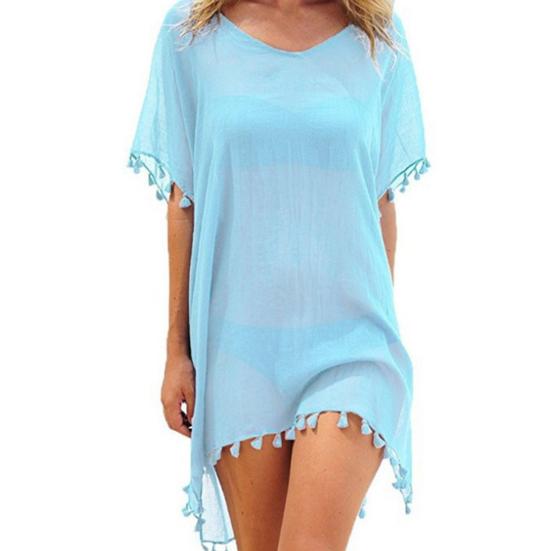 Swimsuit Cover Up Solid Color Loose See-through Tassel Bikini Dress