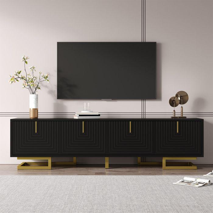 Meuble TV - MODERNLUXE - 160x38x44.5 cm - 4 portes - Pieds dorés - Noir