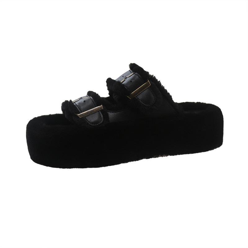 Толстые пушистые тапочки с эффектом возвышения подошвы для женщин, большие размеры, новые осенне-зимние тапочки с пряжкой для ремня, для офиса и дома, хлопковая швабра