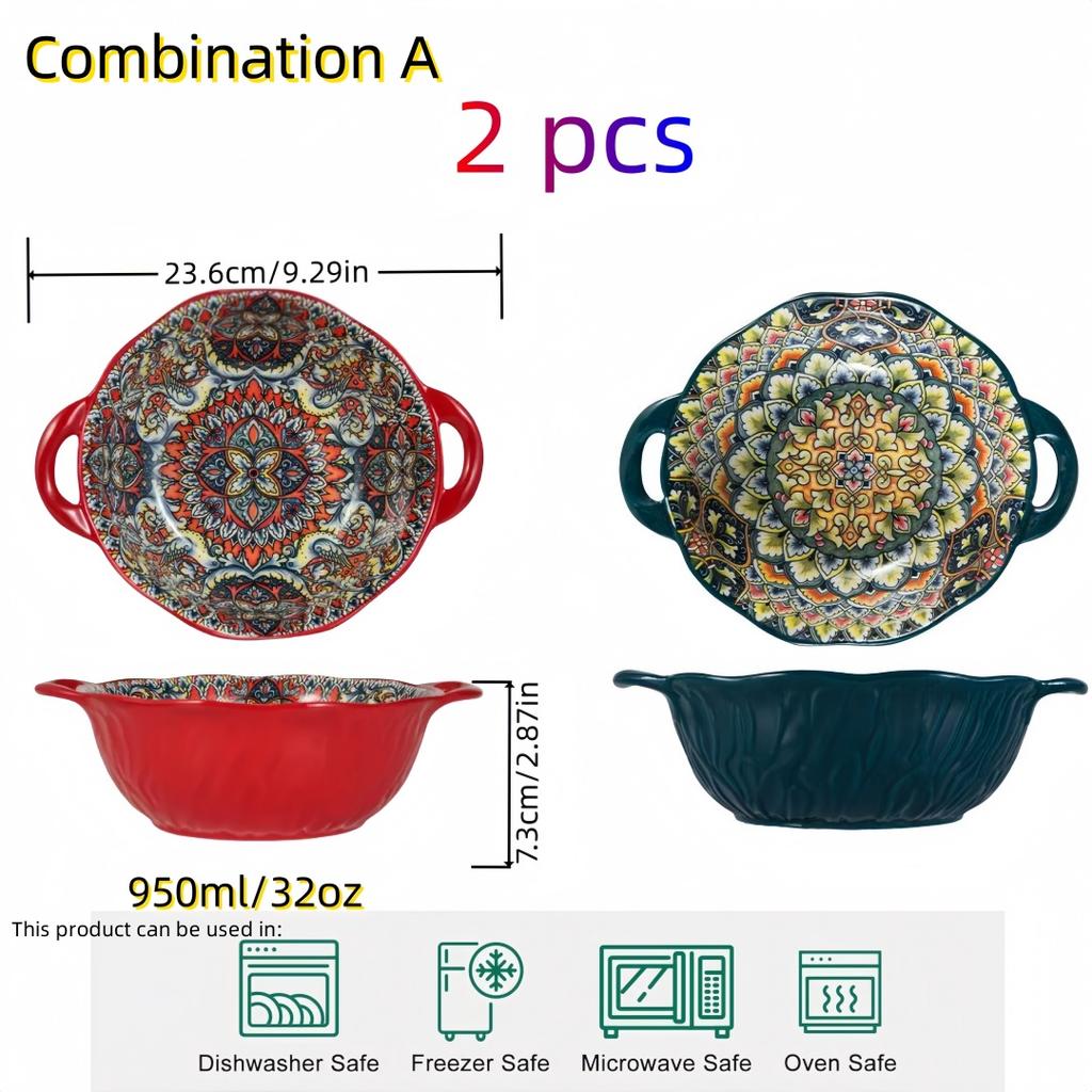 Керамическая суповая миска в богемном стиле с ручкой, безопасна для использования в микроволновой печи, рельефный дизайн. Отлично подходит для подачи супов, салатов и лапши рамэн.