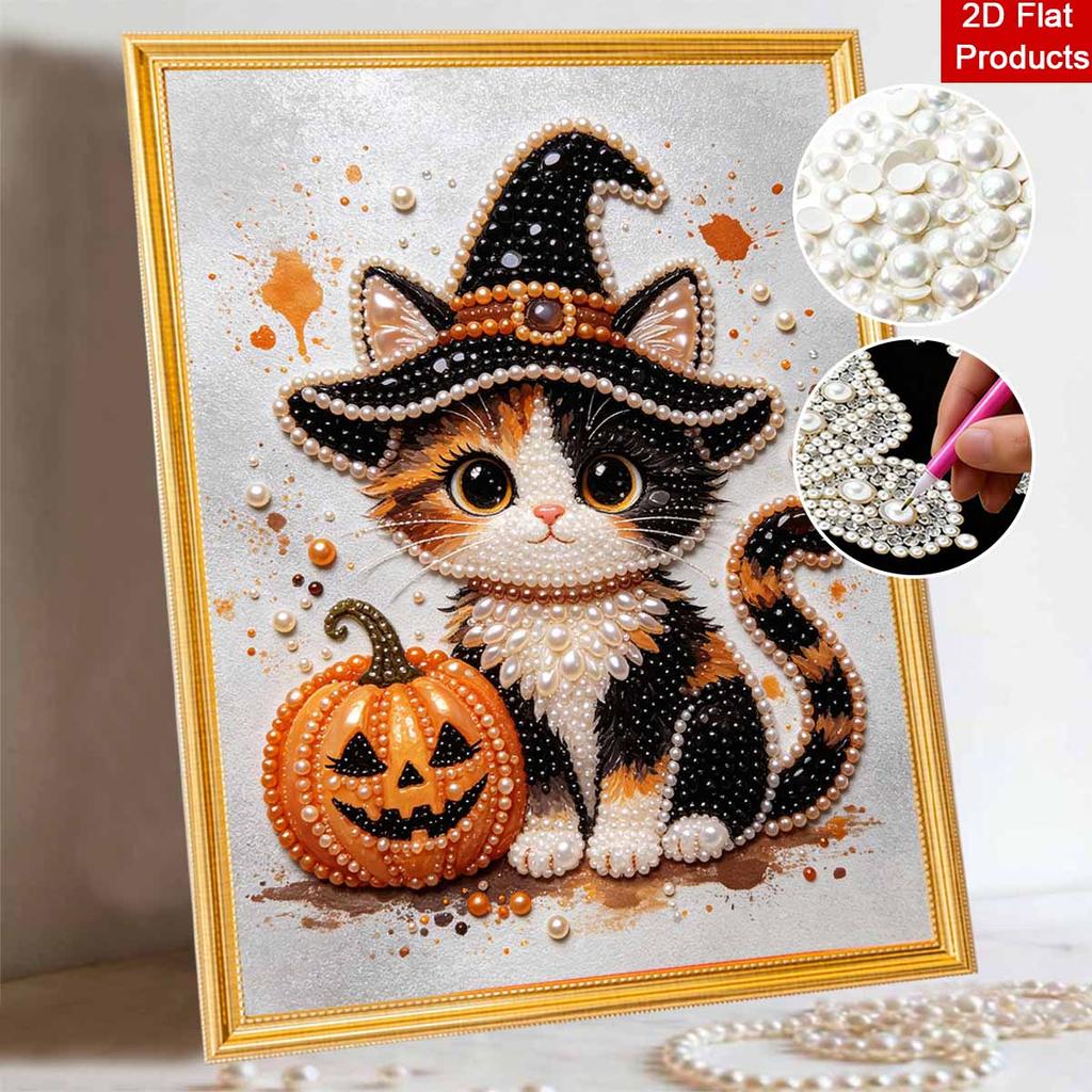 Набор для DIY-рисования жемчугом без рамки Милый кот Ведьма Тыква 3D Блестящая картина из бисера на холсте Расслабляющее творческое рукоделие Подарок Декор для дома