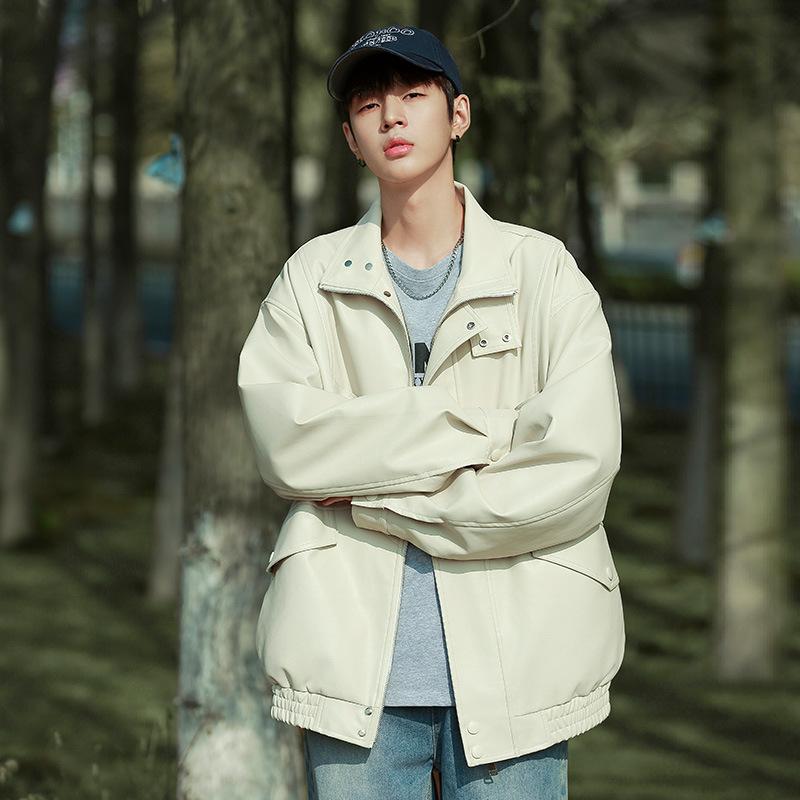 Осенняя новая кожаная куртка мужская в гонконгском стиле, свободная повседневная спортивная куртка однотонная с лацканами, мужская тенденция