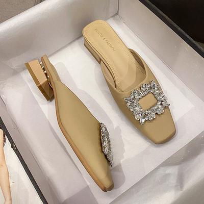 Модные роскошные женские тапочки со стразами и пряжкой, квадратный носок, низкий каблук, полуприцепная обувь для отдыха, женские тапочки со стразами, сандалии mujer
