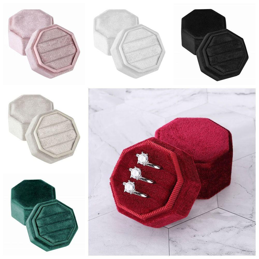 Octagonal Three Slot Rings Holder Dustproof Engagement Rings Storage Box for Couples