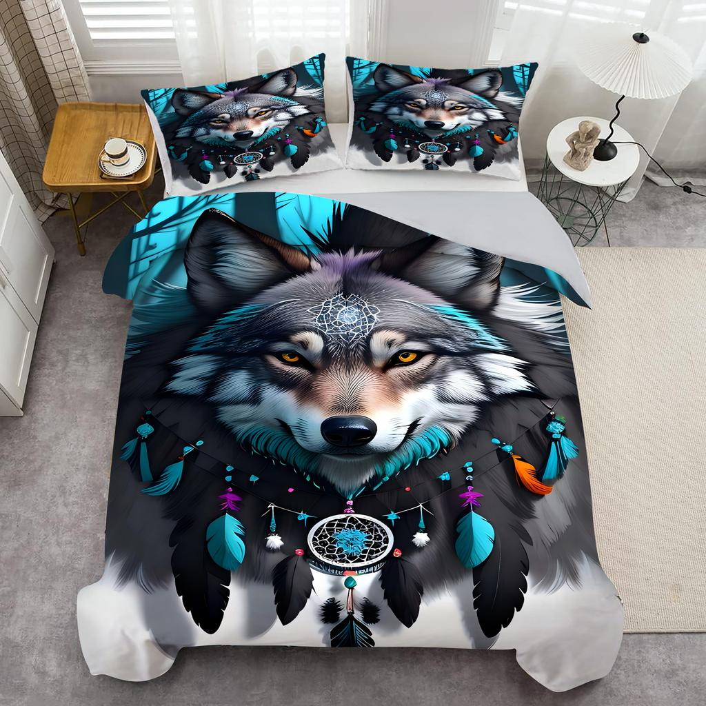Colorful Wolf Head Pattern 3D Print Duvet Cover Soft Comfortable Dreamy Style Bedding Set Wildlife Theme Quilt Cover Pillowcases