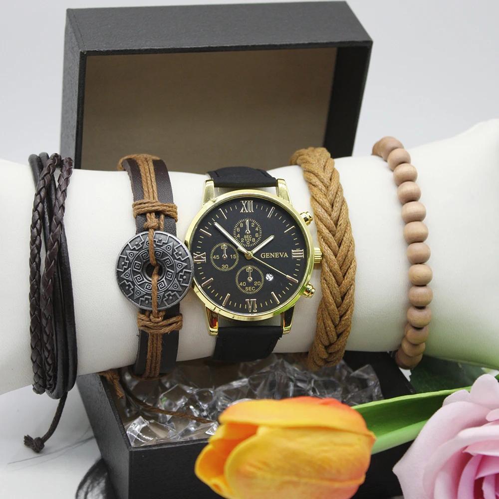 Набор из 5 предметов, мужские роскошные часы, кварцевые часы, ударопрочные кожаные ремешки, часы с хронографом, спортивные мужские часы, в комплекте коробка с браслетом