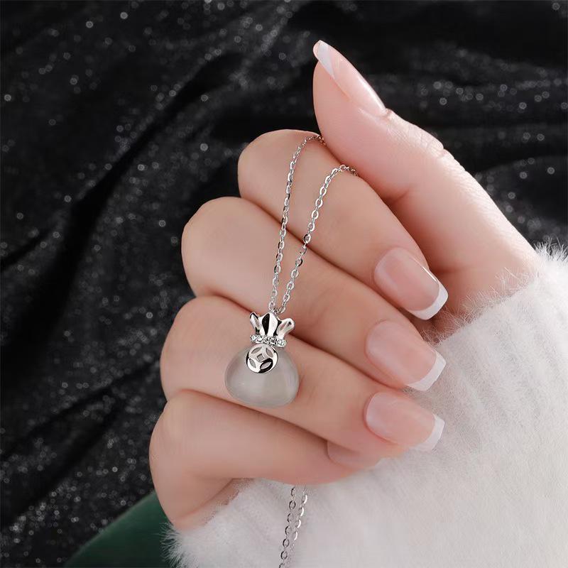 Серебряная подвеска из стерлингового серебра S925 с халцедоном - Дизайн "Счастливый мешок", Модная цепочка на ключицу, Универсальный женский подарок в китайском стиле на праздник