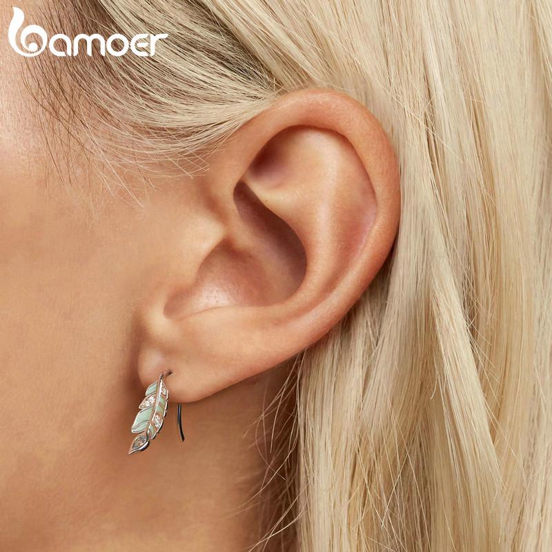 Женские серьги-гвоздики BAMOER из стерлингового серебра 925 пробы с мятно-зеленой эмалью и перьями, подарок на день рождения, изысканные ювелирные изделия