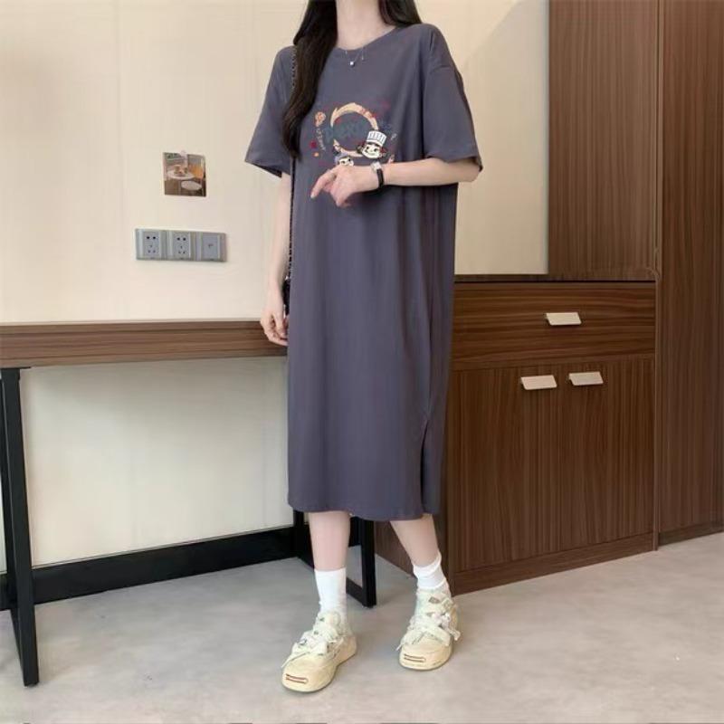 Женское летнее платье-футболка с короткими рукавами, свободное пижамное платье средней длины с разрезом