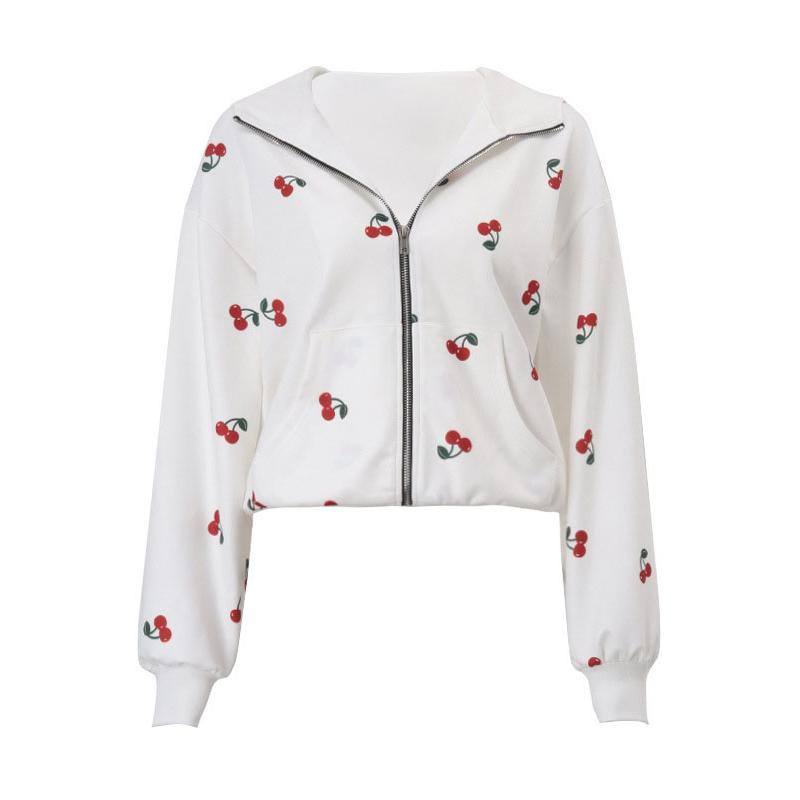 Женская модная белая толстовка с капюшоном с принтом вишни 2025 года, весна, женская свободная уличная толстовка с длинным рукавом и капюшоном на молнии