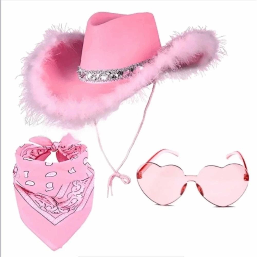 Fluffy Trim Bandana Heart-Shaped Glasses Pink Halloween Costume Accessories Set Cowboy Hat Women