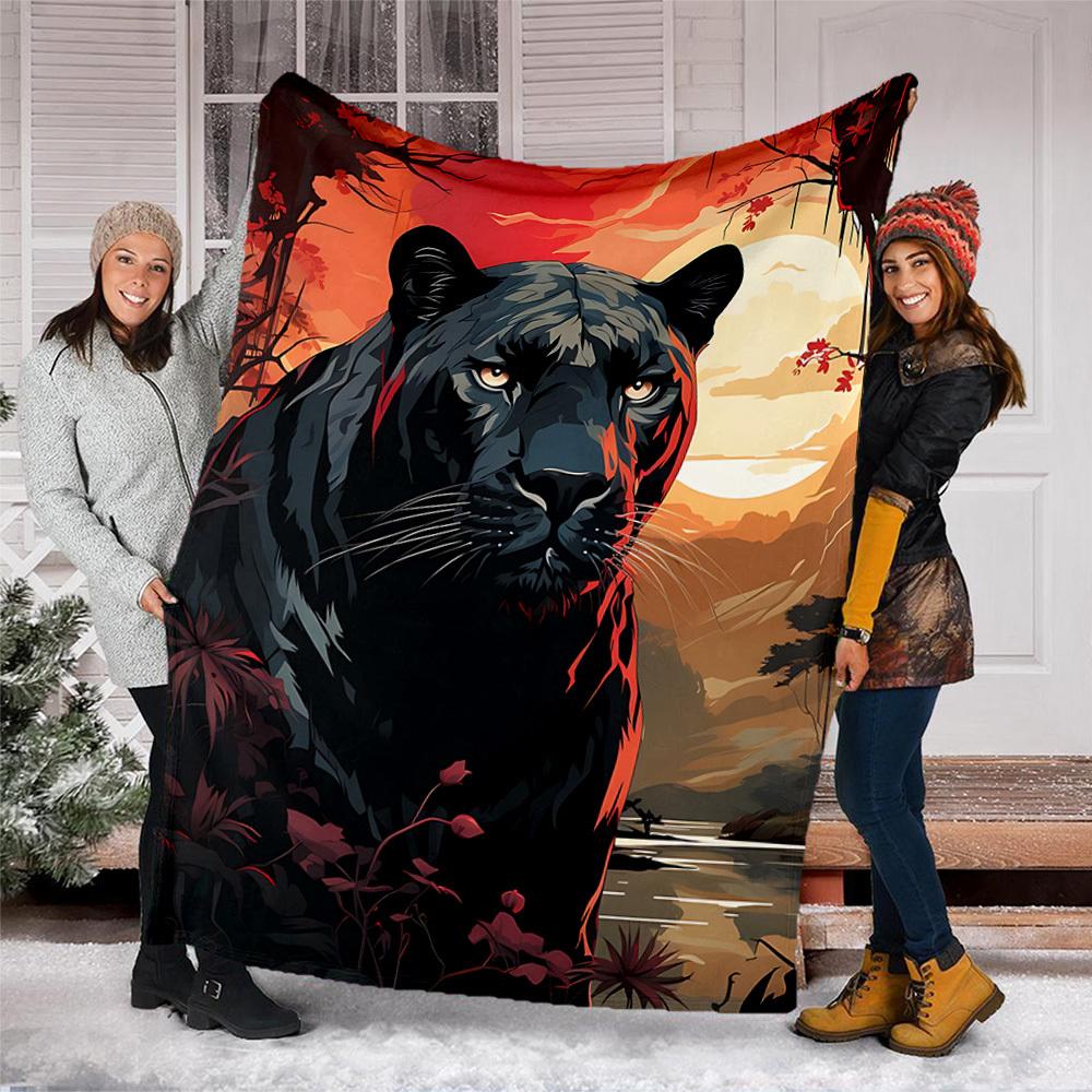 1pc Panther Sunset Jungle Throw Blanket Polyester Fiber, Lightweight Flannel, Soft & Warm, All Season Use for Outdoor, Camping Digital Print