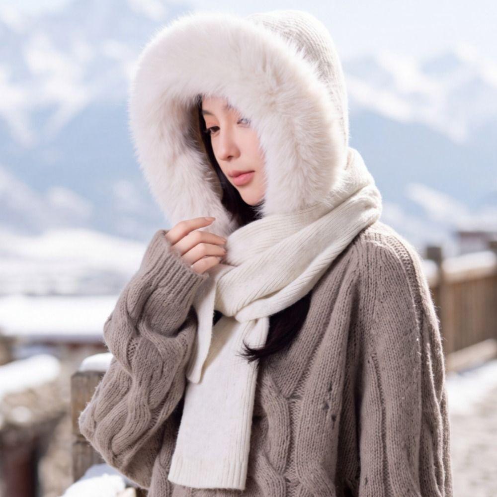 Wool Blend Knitted Hooded Scarf Plush Hooded Cap Cute Earflap Hat Outdoor