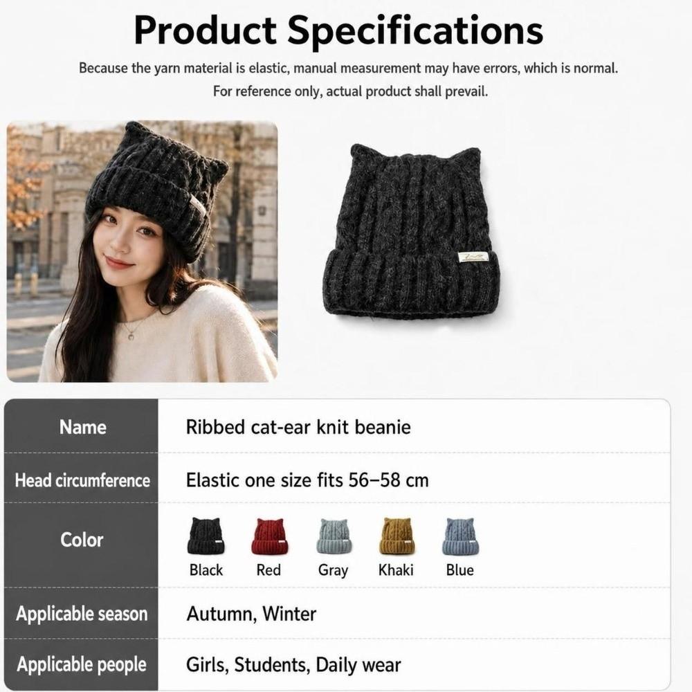 Thick Warm Cat Ear Beanie Hat 56-58cm Circumference Fall Winter Skull Cap Casual Use