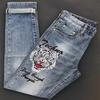 Men's European Summer Embroidered Slim Fit Light Blue Jeans
