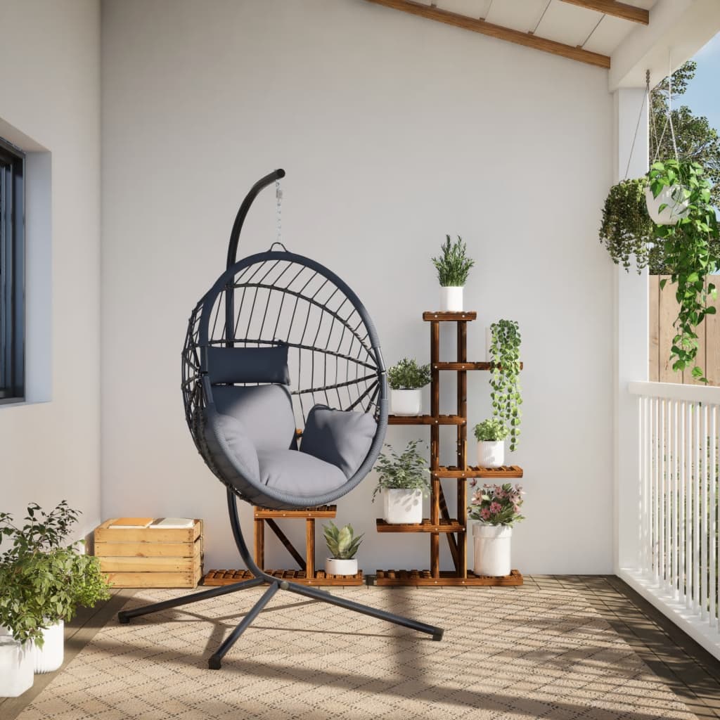 Egg Style Hanging Chair with Stand Grey Rattan and Steel