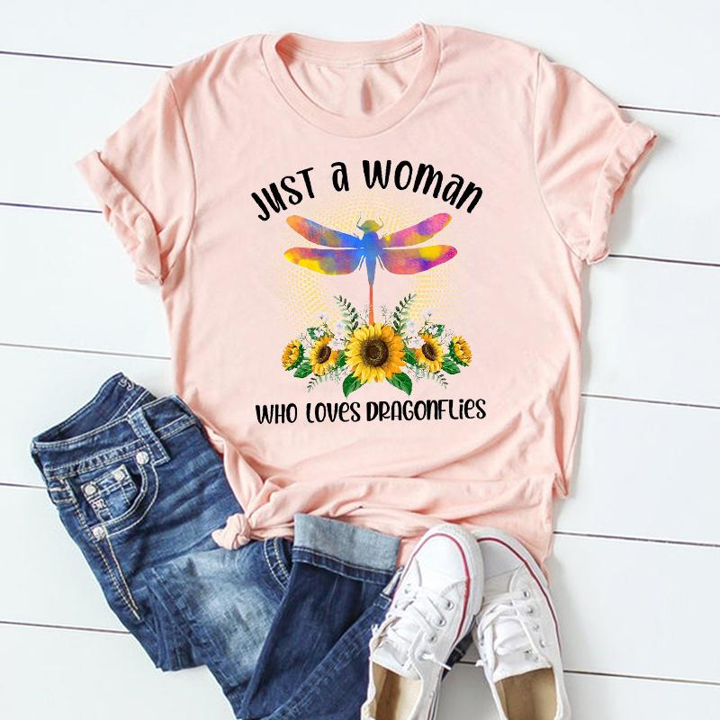 (Азиатский размер) Женская футболка с короткими рукавами и принтом стрекозы и одуванчика, летняя модная футболка, женская одежда, повседневная футболка с графическим рисунком