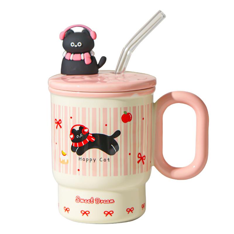 Summer New Straw Cup Doodle Animal Ceramic Water Cup with Lid Cartoon Mug Cute Birthday Gift