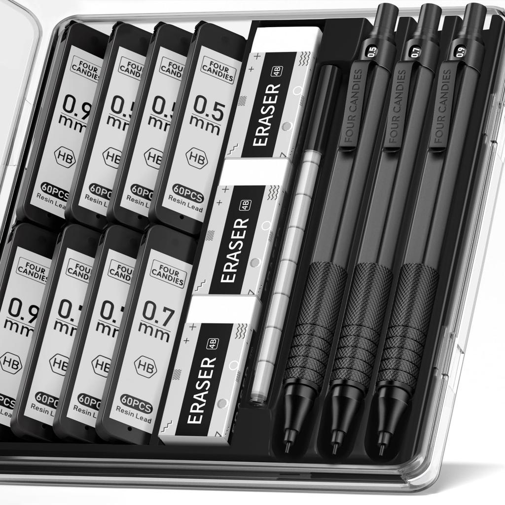 Four Candies and Metal Mechanical Pencil Set with 3 480 HB Lead and for and Drafting 0.5mm, 0.7mm, 0.9mm Case, Pencils, Refills, Eraser, Black,