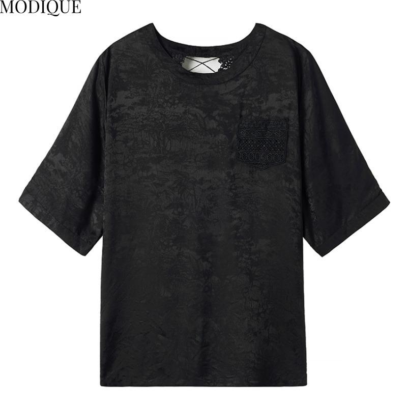 MODIQUE Весна Лето Большой Размер Новый Женский Черный Свободный Винтажный Однотонный Блузки Рубашки Женский Повседневный Оверсайз Короткий Рукав Круглый Вырез Топ