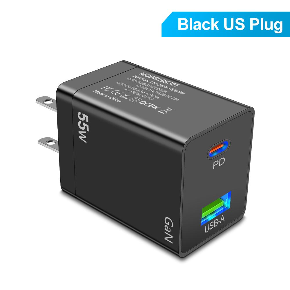 55 Вт GaN USB Type C Зарядное устройство PD QC 3.0 Быстрая зарядка для Macbook Ноутбука IPAD Планшета IPhone 15 14 Samsung S23 Ultra Huawei Xiaomi