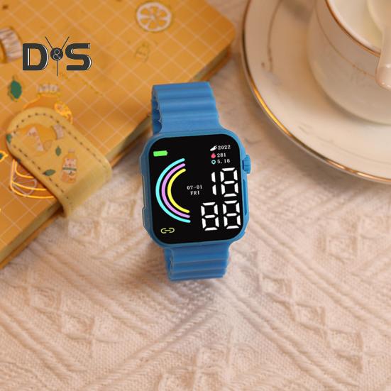 LED Electronic Watch Square Rainbow Dial Solid Color Soft Anti-slip Strap Adjustable Kids Students Casual Sports Digital Wristwatch Birthday Gift