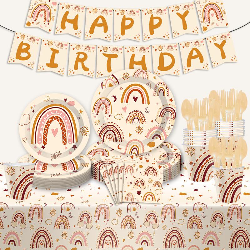 Набор для вечеринки по случаю дня рождения в богемном стиле Одноразовые тарелки и стаканы из бумаги с радужным принтом 'Love' Принадлежности для вечеринки