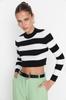 Women's Fashion New Sweater Black Crop Cotton Striped Knitwear Sweater