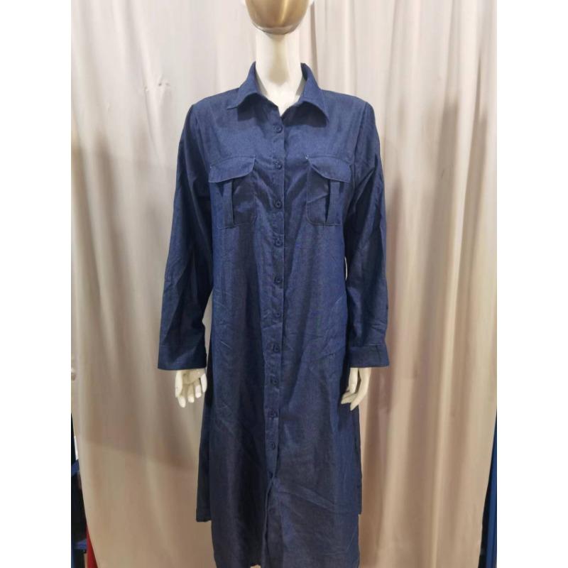 Модное элегантное винтажное джинсовое платье больших размеров, женское летнее повседневное платье с длинным рукавом и длинными рукавами, женское свободное платье миди с однотонными карманами 1004