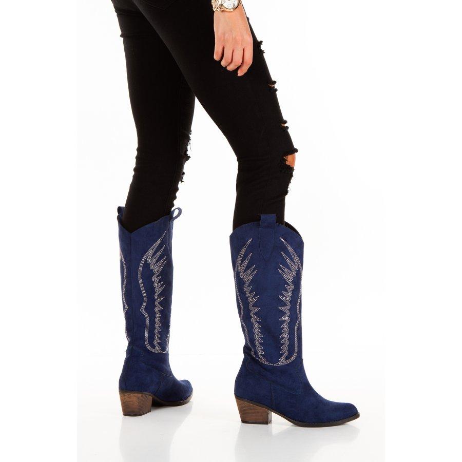 Женские замшевые высокие сапоги в западном стиле на низком каблуке